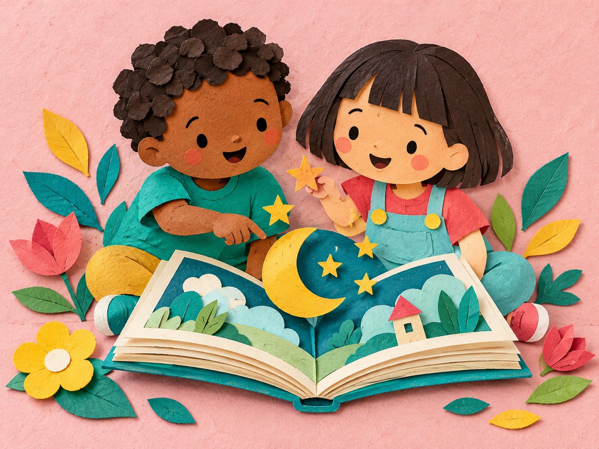 Duas crianças de papel leem um livro de onde surgem lua, estrelas e um pequeno mundo de descobertas