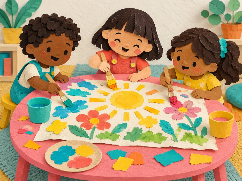 Três crianças de papel pintam flores e um sol em uma mesa de atividades